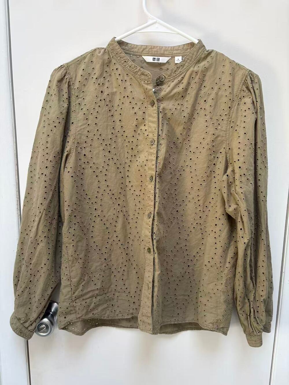 UNIQLO Eyelet Lace Embroidery Blouse Khaki Brown Band Collar Shirt Top Size S